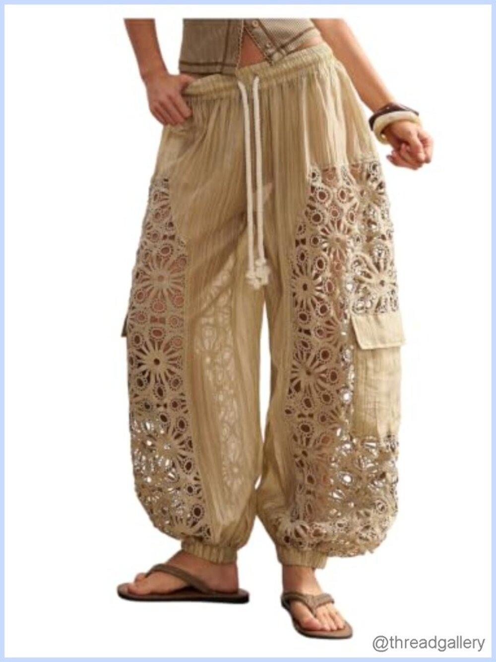 SOLY HUX Women's Boho Lace Cargo Balloon Pants Low Rise Drawstring Baggy